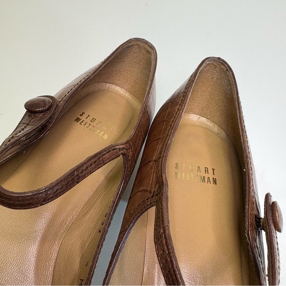 Stuart Weitzman Women’s 9 Brown Alligator Mary Jane Block Heel Faux Button Shoes - Picture 10 of 10